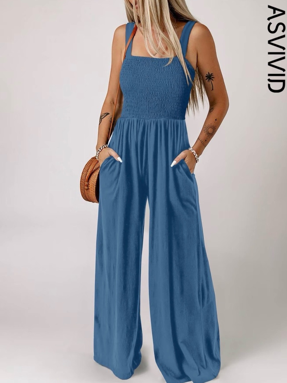 Asvivid Dusty Blue Wide-Leg Smocked Jumpsuit